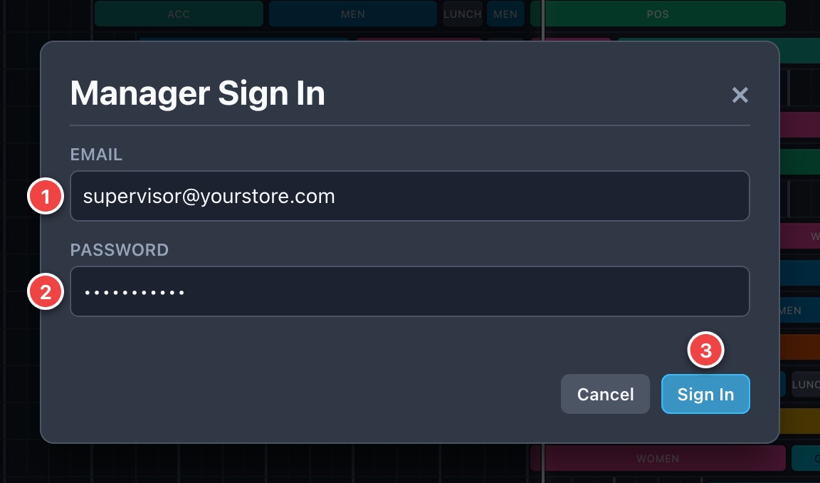 The sign-in box. 1 Email. 2 Password. 3 Sign In.