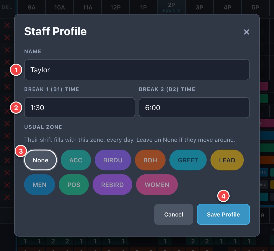 The Staff Profile. 1 Name. 2 Break times (optional). 3 Usual zone. 4 Save Profile.