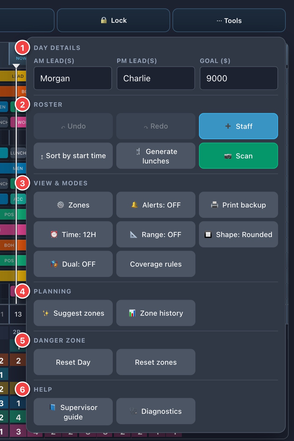 The Tools menu, in six sections.